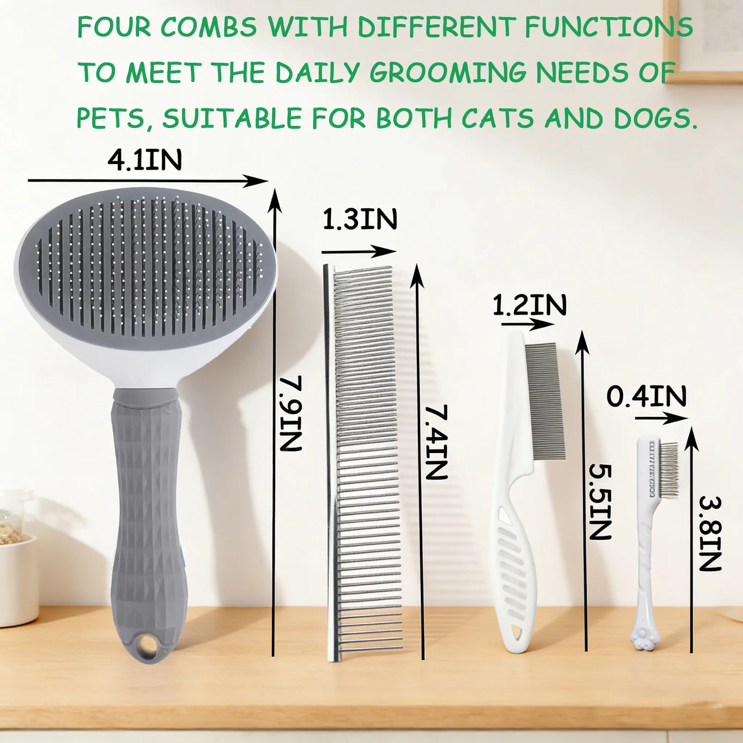 Pet Grooming Tool Set - 4-Piece Shedding Kit with Self-Cleaning Slicker Brush, Dual-Sided Stainless Steel Dematting Comb, Tear Stain Comb, and Fur Removal Tool for Dogs and Cats