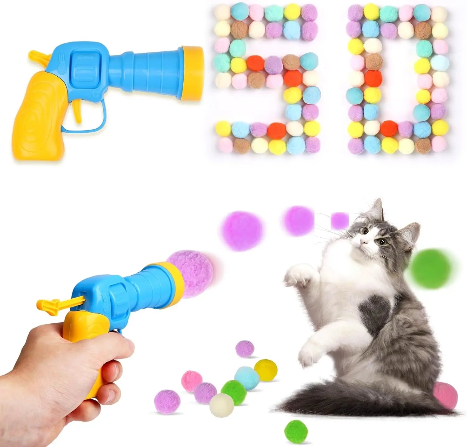 50-Piece Interactive Cat Toy Set with Pom Pom Balls and Launcher for Indoor Use for Adults and Kittens