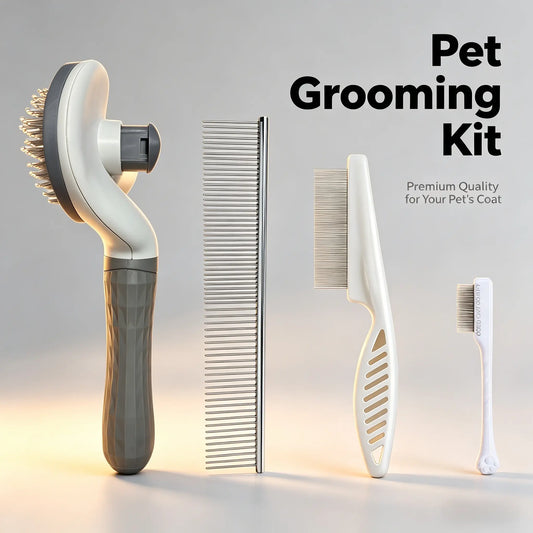 Pet Grooming Tool Set - 4-Piece Shedding Kit with Self-Cleaning Slicker Brush, Dual-Sided Stainless Steel Dematting Comb, Tear Stain Comb, and Fur Removal Tool for Dogs and Cats