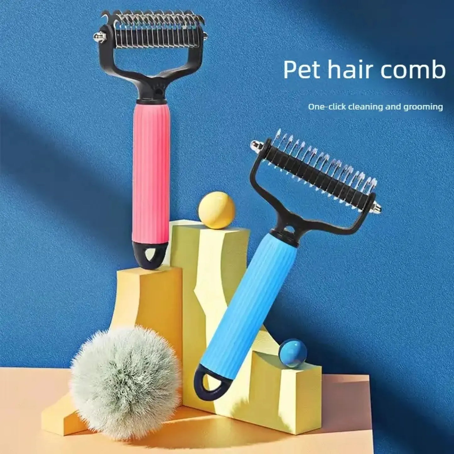 Double-Sided Dematting Comb and Deshedding Brush for Cats and Long-Haired Dogs, Undercoat Rake for Effective Grooming and Matted Fur Removal