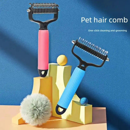 Double-Sided Dematting Comb and Deshedding Brush for Cats and Long-Haired Dogs, Undercoat Rake for Effective Grooming and Matted Fur Removal