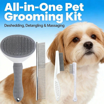 Pet Grooming Tool Set - 4-Piece Shedding Kit with Self-Cleaning Slicker Brush, Dual-Sided Stainless Steel Dematting Comb, Tear Stain Comb, and Fur Removal Tool for Dogs and Cats
