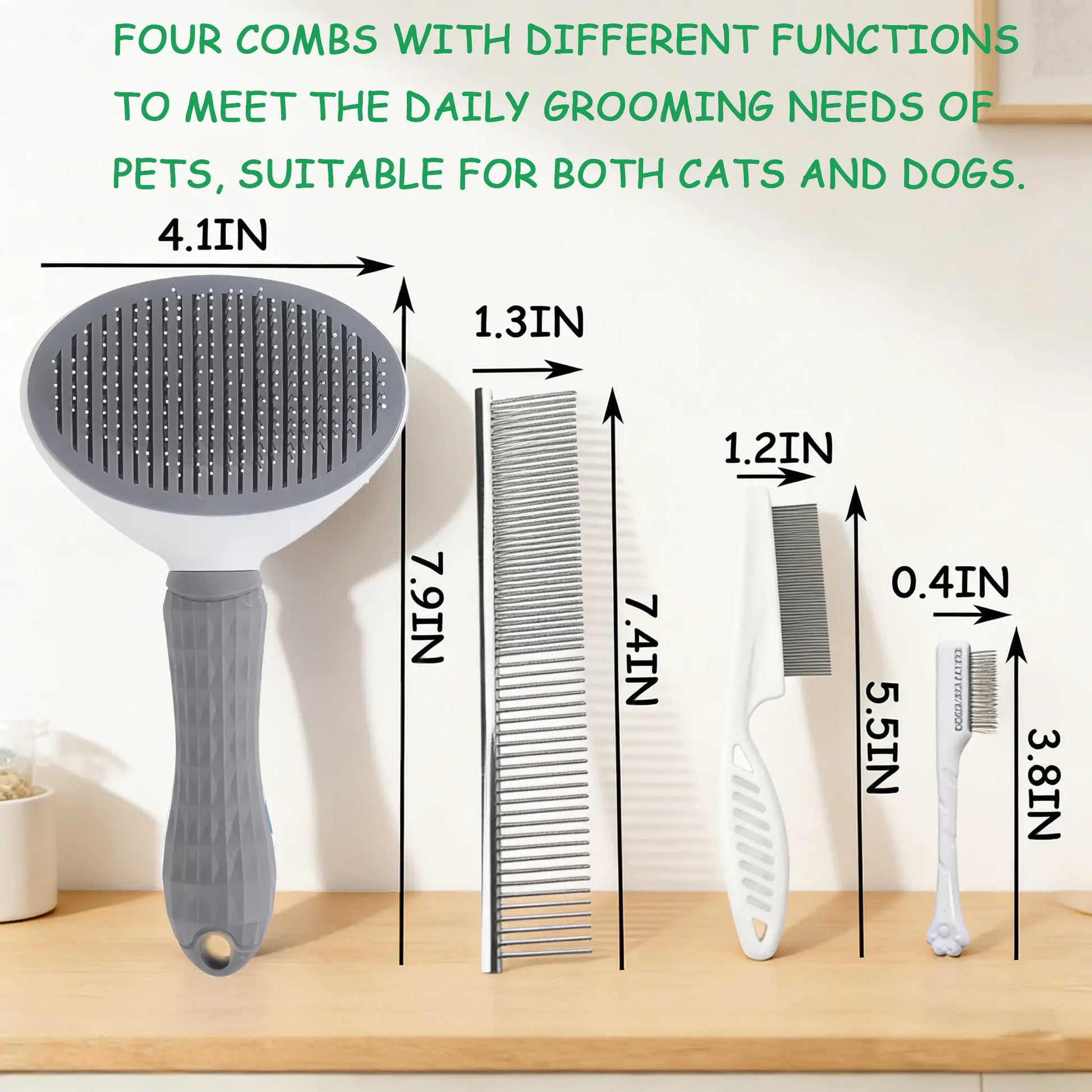 Pet Grooming Tool Set - 4-Piece Shedding Kit with Self-Cleaning Slicker Brush, Dual-Sided Stainless Steel Dematting Comb, Tear Stain Comb, and Fur Removal Tool for Dogs and Cats